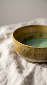 Hand-Thrown Shallow Stoneware Serving Bowl – Olive & Turquoise Swirl