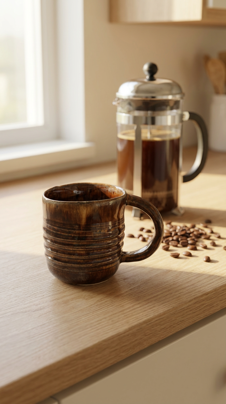 Hand-Thrown Ribbed Brown Stoneware Mug | 8oz Ceramic Coffee Cup by Gin