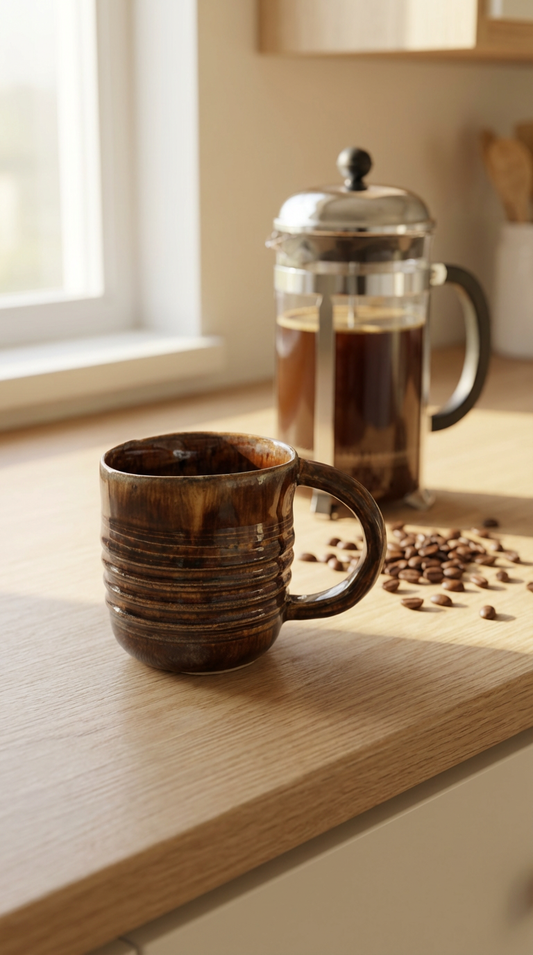 Hand-Thrown Ribbed Brown Stoneware Mug | 8oz Ceramic Coffee Cup by Gin