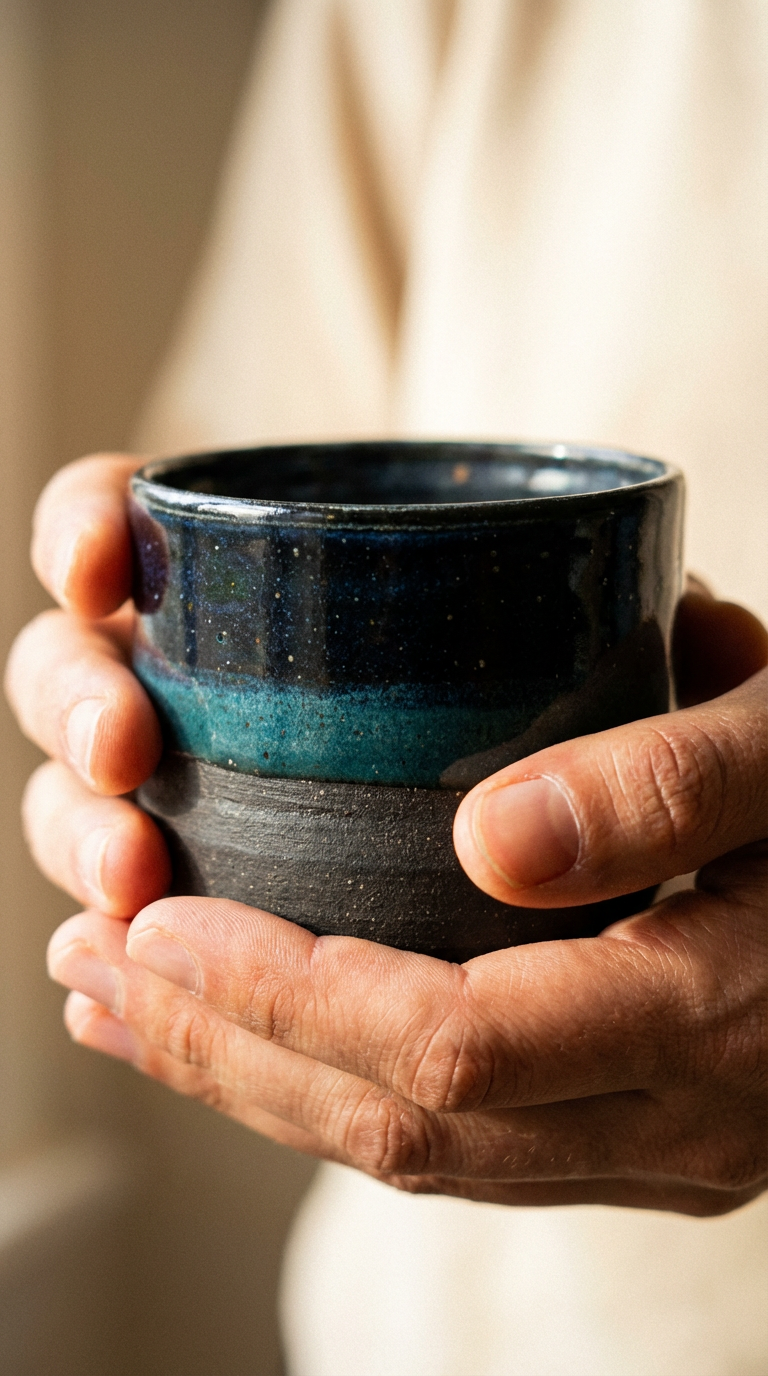 Handmade Speckled Stoneware Cup in Deep Blue & Teal by Gin