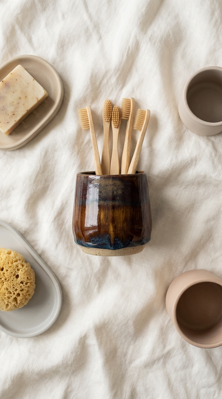 Handcrafted Moody Brown & Amber Stoneware Vessel (Decorative Only) by Gin