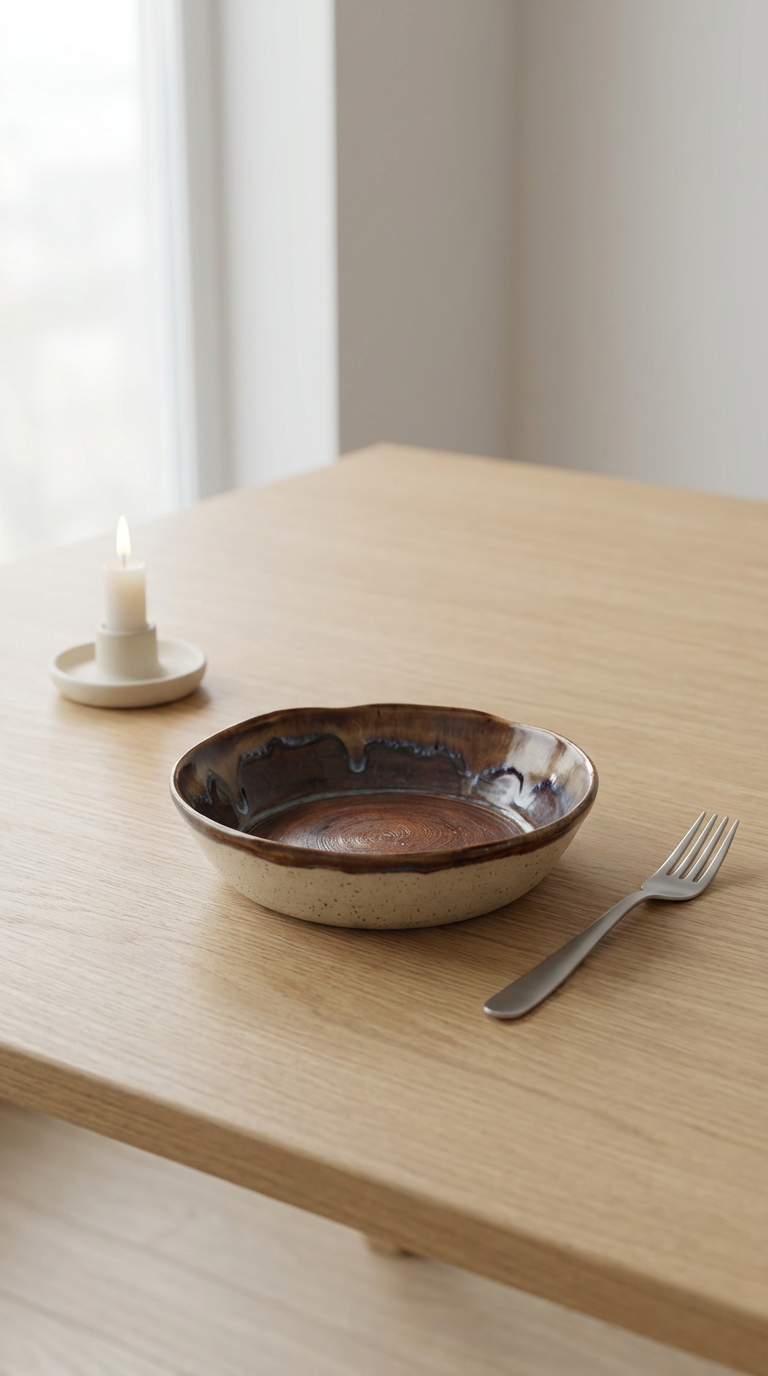 Hand-Thrown Shallow Stoneware Bowl in Warm Brown with Blue Drip Rim by Gin