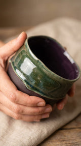 Handmade Ceramic Serving & Centerpiece Bowl – Two-Tone Glossy Green and Deep Purple Stoneware by Gin