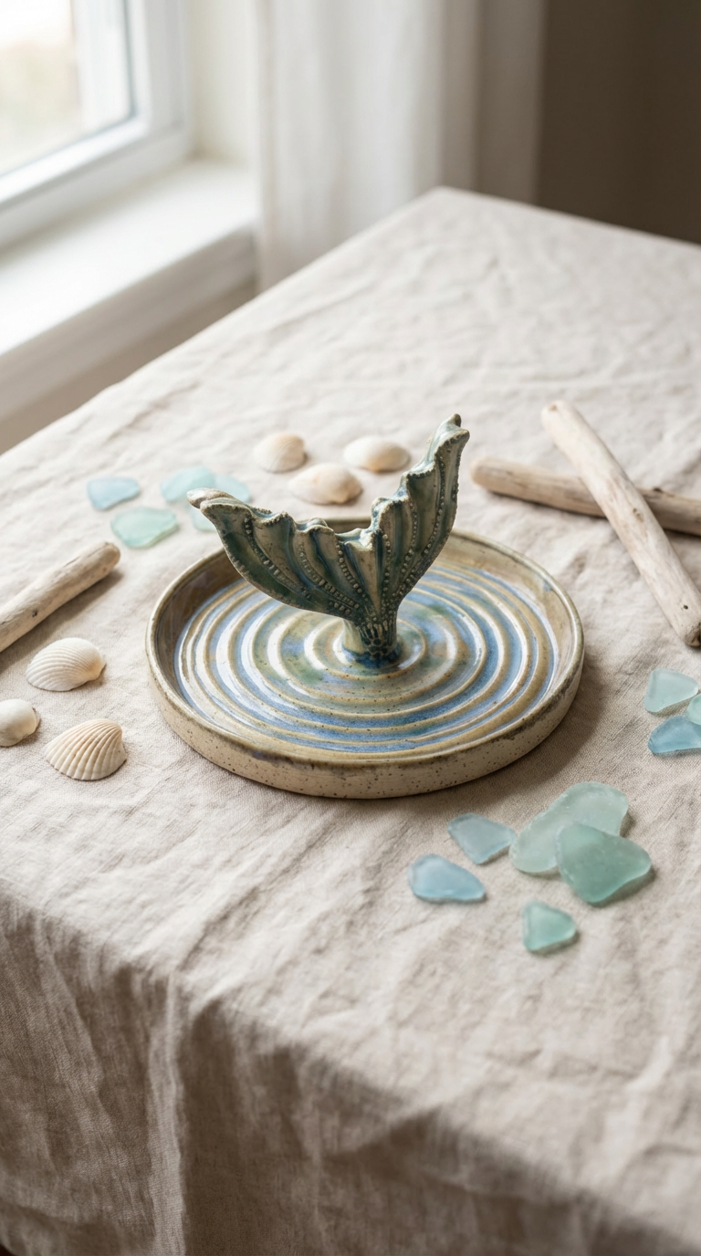A Whale Tail Ocean Ripple Ceramic Jewelry Dish by Gin