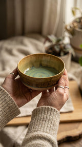 Hand-Thrown Shallow Stoneware Serving Bowl – Olive & Turquoise Swirl