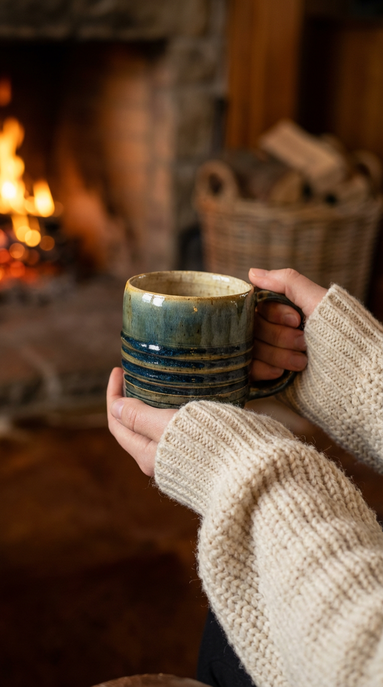 Hand-thrown Ribbed Stoneware Mug in Ocean Blues & Warm Amber by Gin