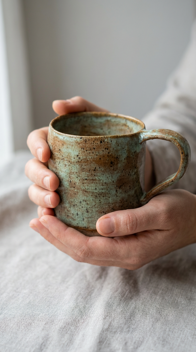 Handmade Speckled Stoneware Mug in Soft Teal and Earthy Browns by Gin
