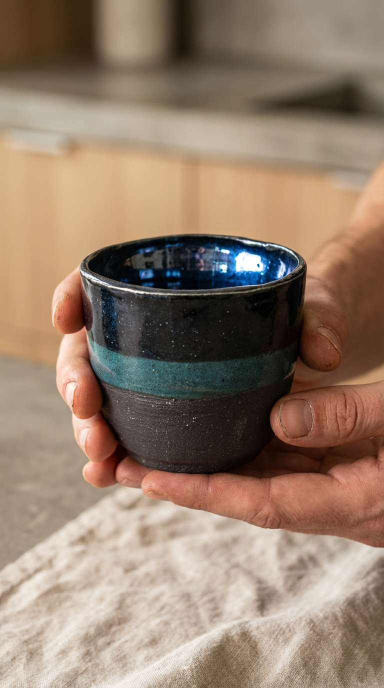 Handmade Speckled Stoneware Cup in Deep Blue & Teal – Rounded 6 oz by Gin