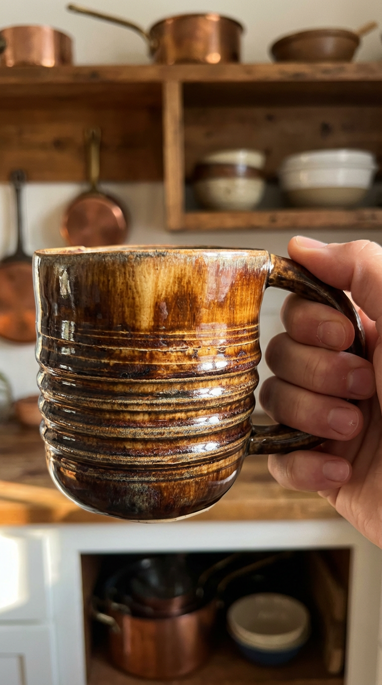 Hand-Thrown Ribbed Stoneware Mug in Warm Brown Glaze by Gin