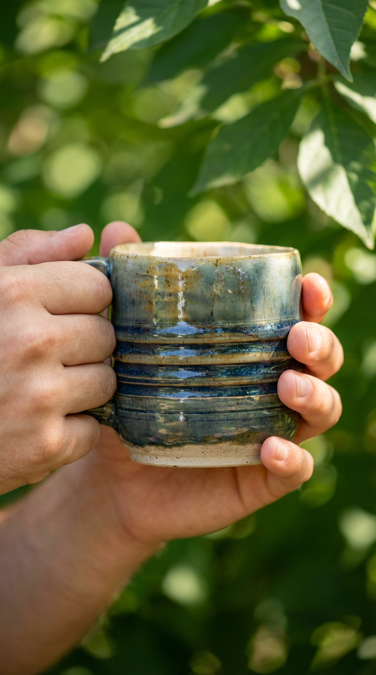 Hand-thrown Ribbed Stoneware Mug in Ocean Blues & Warm Amber by Gin