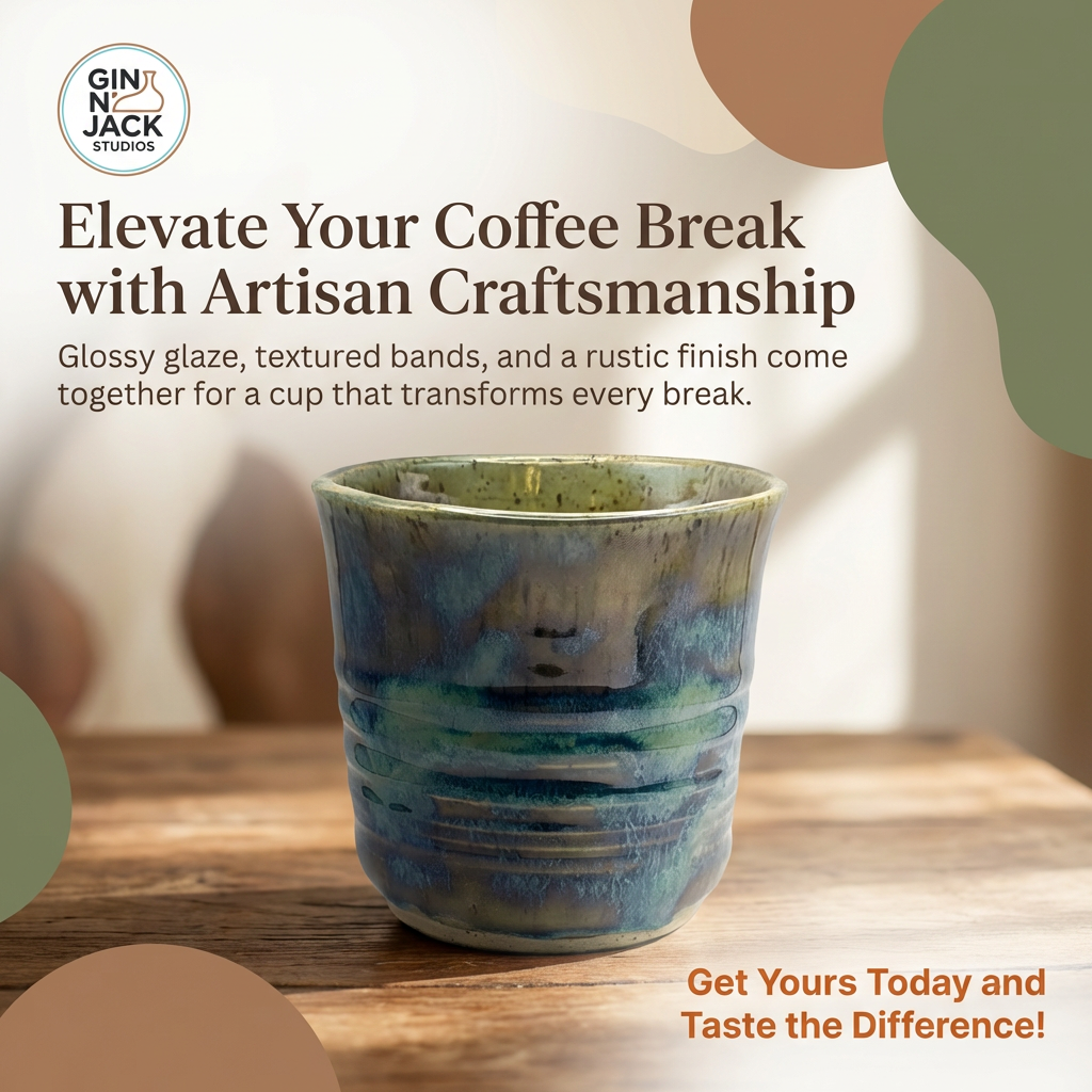 Handcrafted 10 oz Ceramic Tumbler in Earthy Blues and Greens by Gin