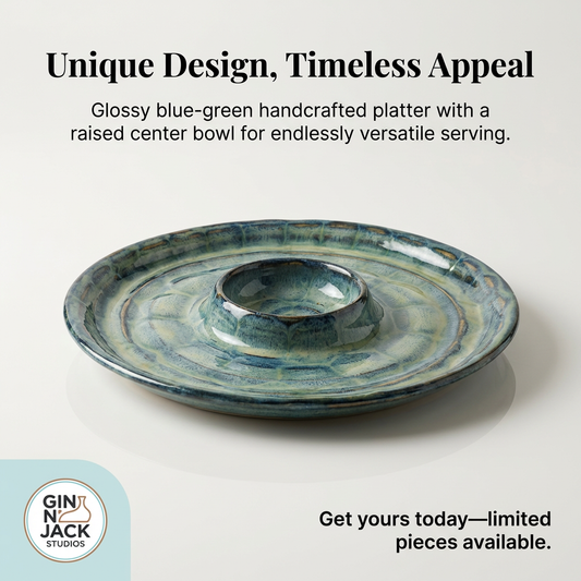 Handcrafted Ceramic Platter with Raised Center Bowl – Glossy Blue-Green Glaze by Gin