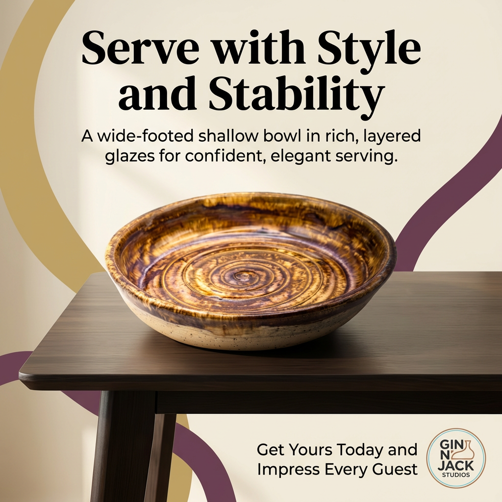 Hand-Thrown Shallow Stoneware Bowl in Swirling Earth Glaze by Gin