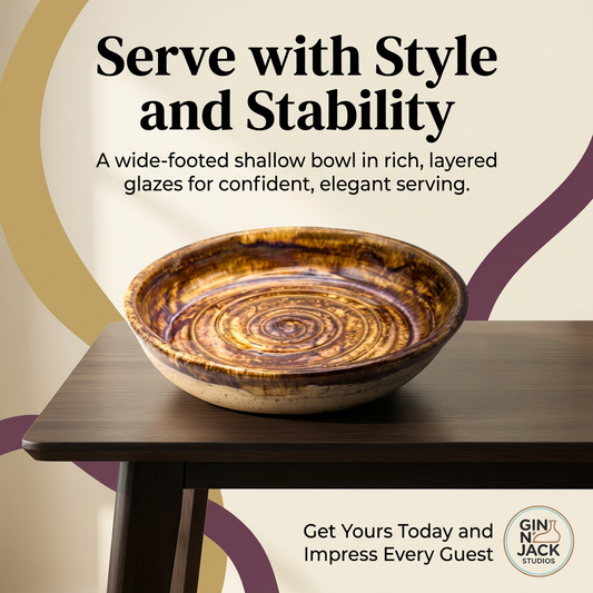 Hand-Thrown Shallow Stoneware Bowl in Swirling Earth Glaze by Gin