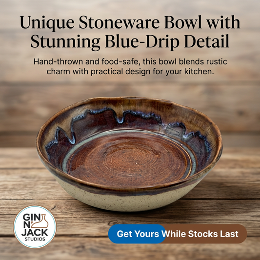 Hand-Thrown Shallow Stoneware Bowl in Warm Brown with Blue Drip Rim by Gin