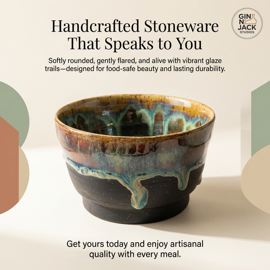 Hand-Thrown Stoneware Bowl in Dramatic Dripping Colors & Black Glaze by Gin