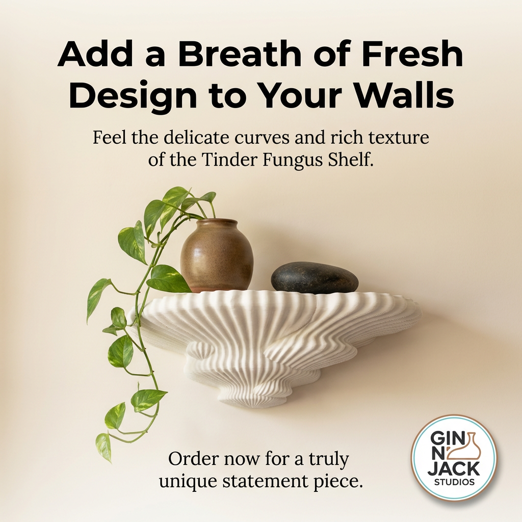 Decorative fungus shelf with plant and stones on a beige wall, featuring text about adding fresh design to walls.