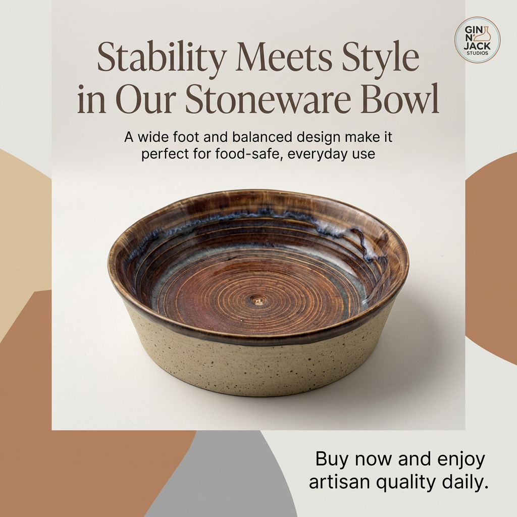 Hand-Thrown Shallow Stoneware Bowl in Rich Brown Spiral with Blue Rim Bands by Gin