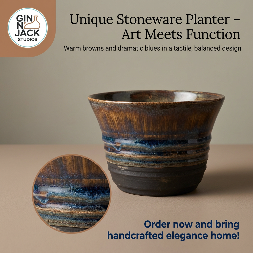 Hand-Thrown Stoneware Planter in Moody Brown & Blue Glaze