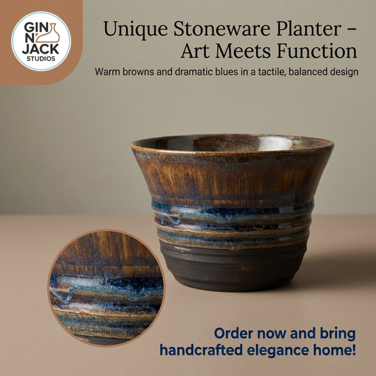 Hand-Thrown Stoneware Planter in Moody Brown & Blue Glaze