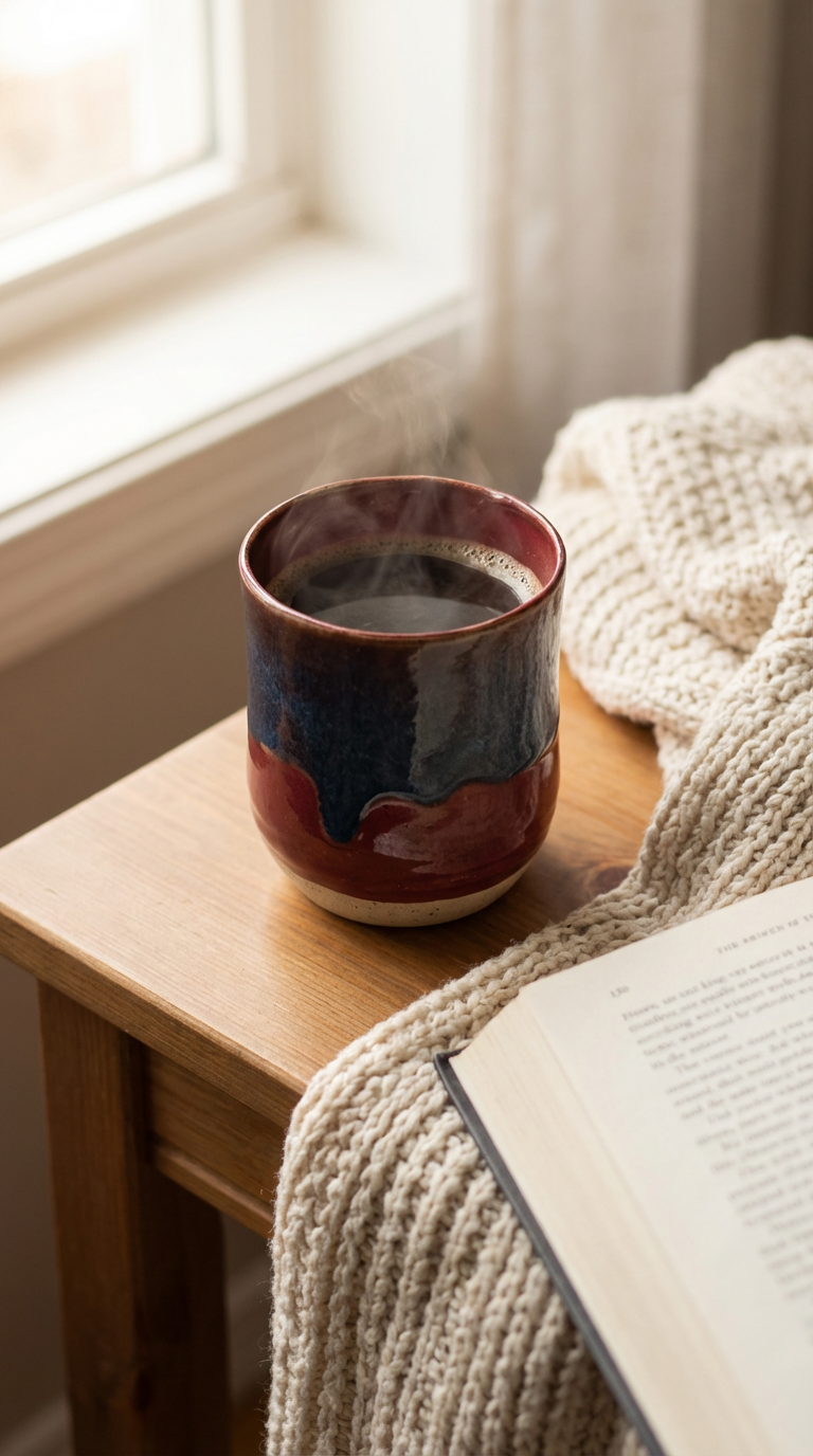 Handmade Ceramic Tumbler – Red & Blue Drip Glaze by Gin