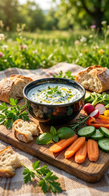 Dip with bread and vegetables on a wooden board outdoors