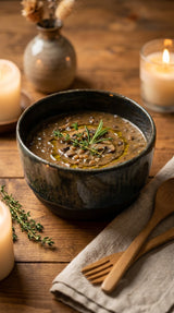 Handmade dark ceramic serving bowl filled with hearty soup garnished with herbs on wooden table with candles