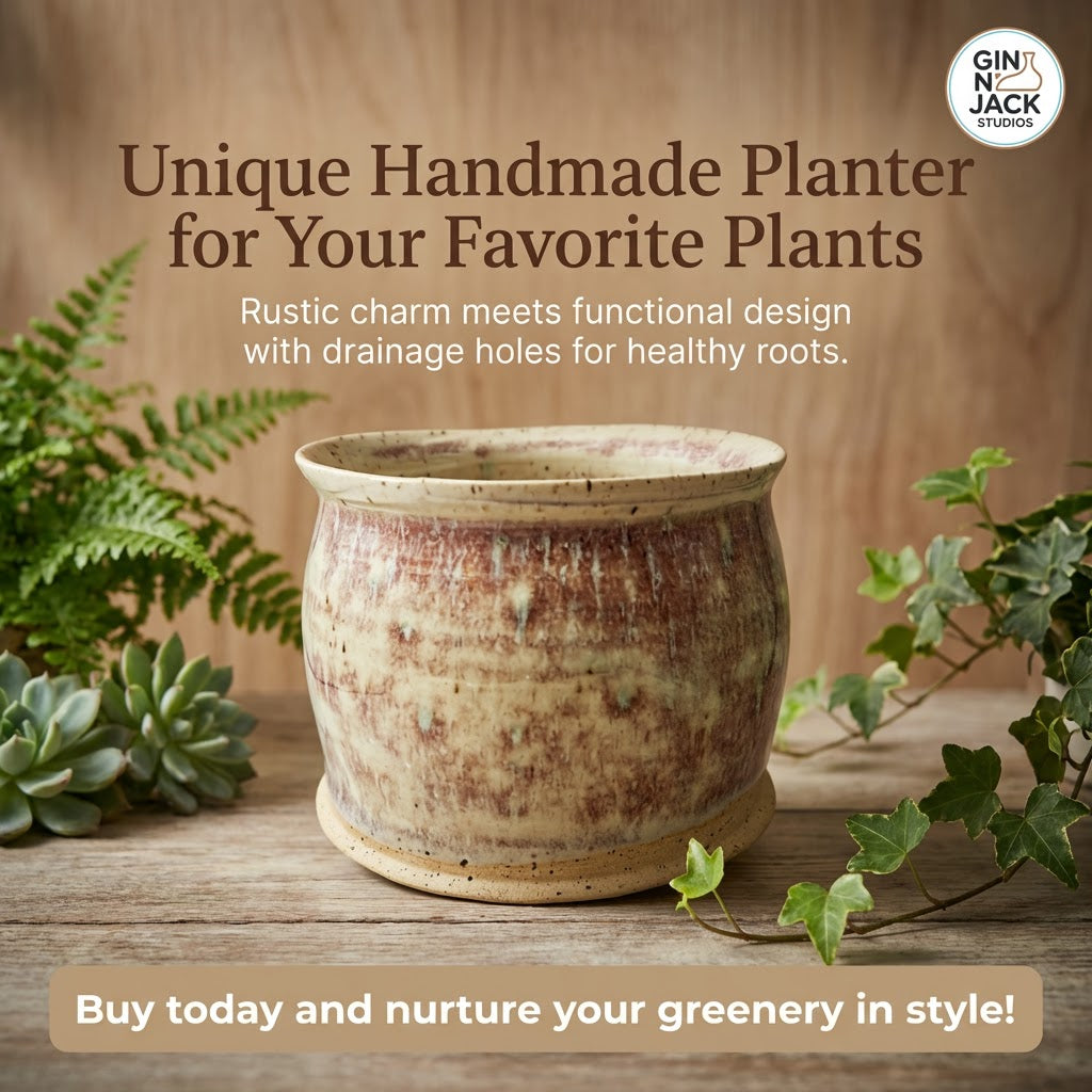 Ceramic planter with text about handmade planters on a wooden surface with plants.