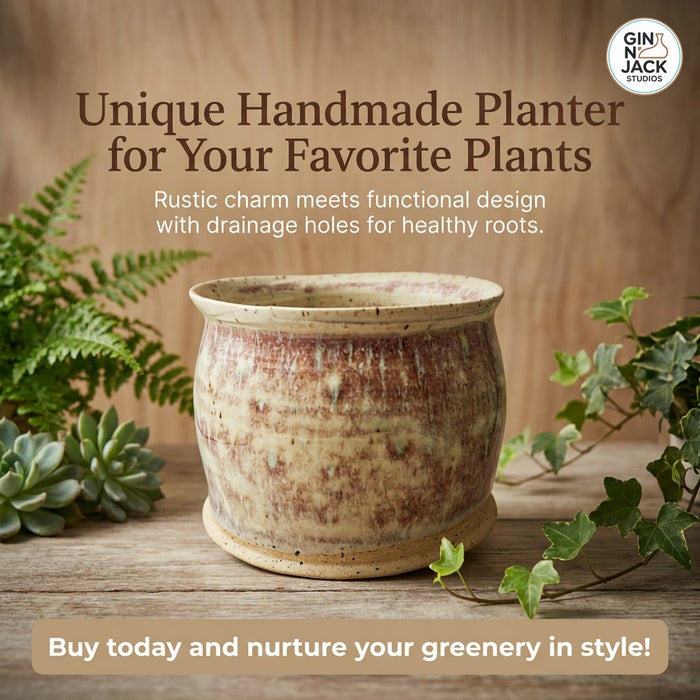 Ceramic planter with text about handmade planters on a wooden surface with plants.