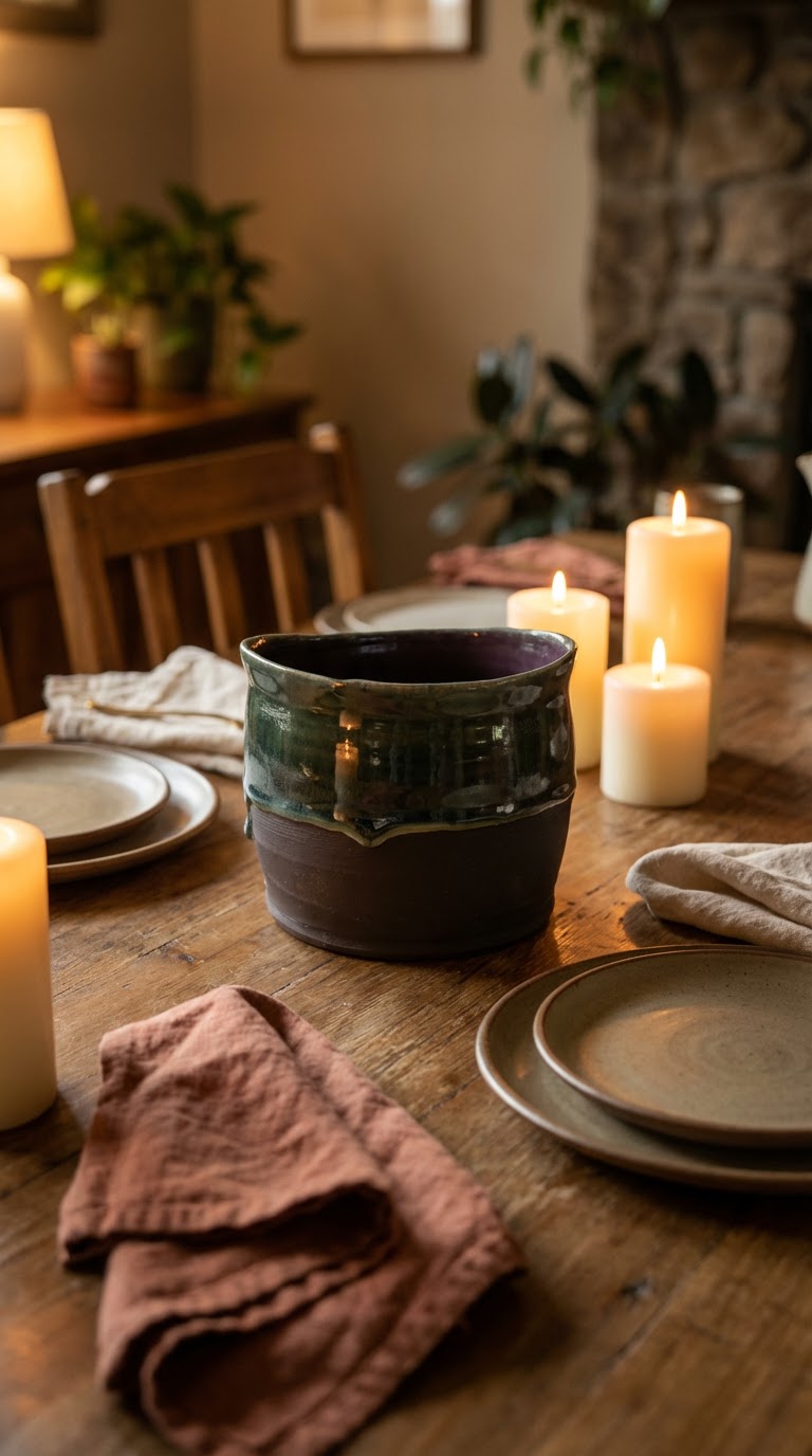Handmade food-safe ceramic serving bowl on rustic wooden dining table with candles, linen napkins and plates