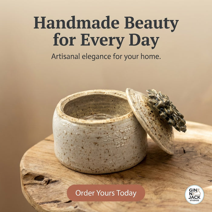 Ceramic container with lid on a wooden surface, with text 'Handmade Beauty for Every Day' and 'Artisanal elegance for your home.'.